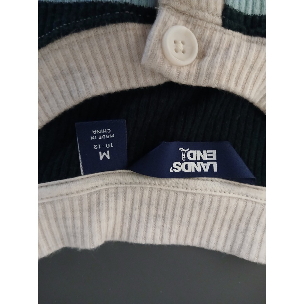 Lands End Womens M 10-12 Ribbed Henley Long Sleeve Striped Top Cream Blue Tan - Picture 8 of 11